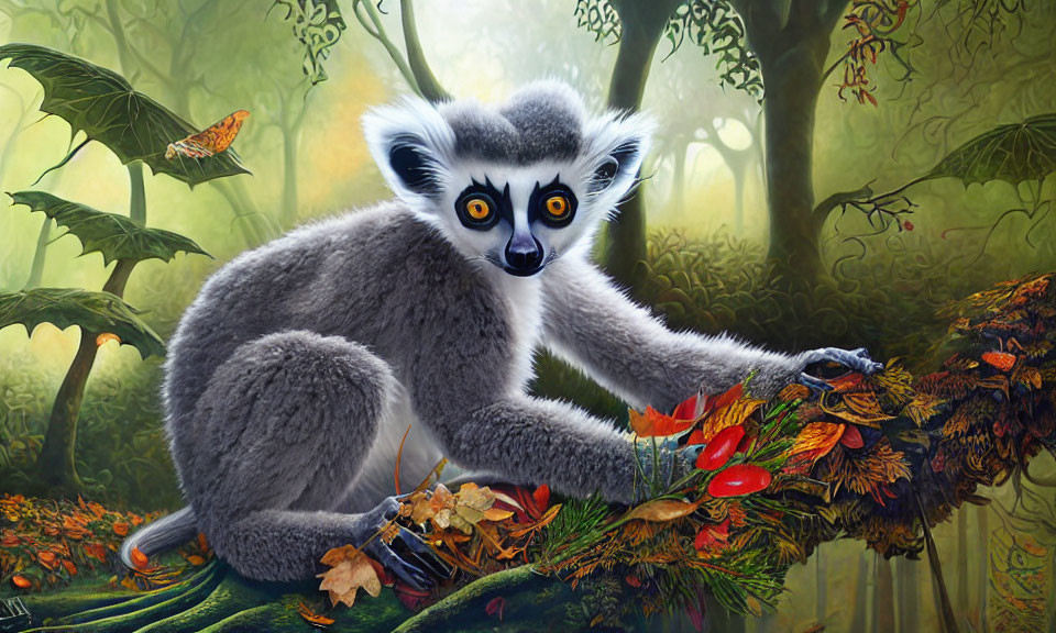 Ring-tailed lemur perched on mossy branch in lush forest with butterfly