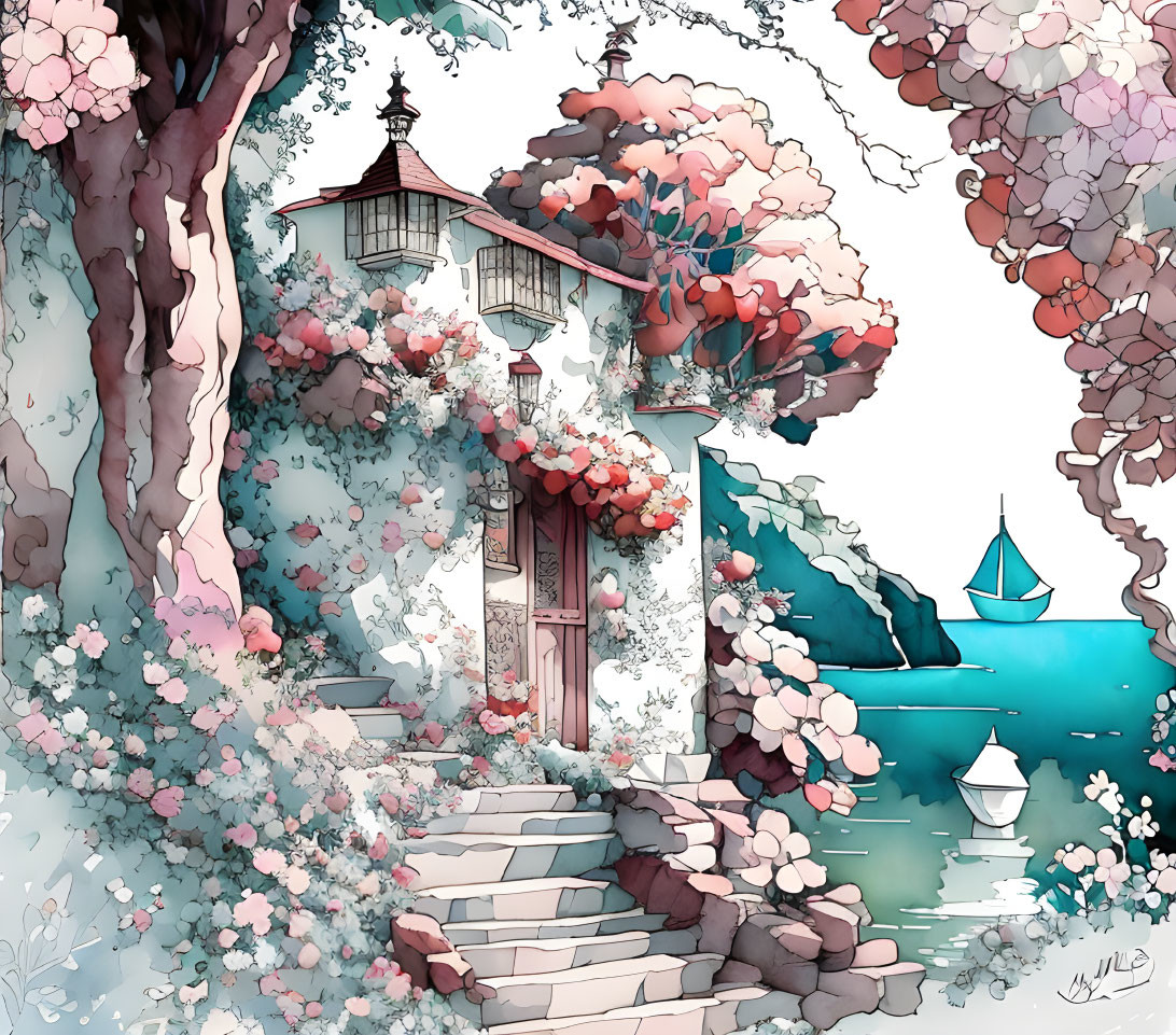 Tranquil lakeside scene with gazebo, blooming trees, and sailboats