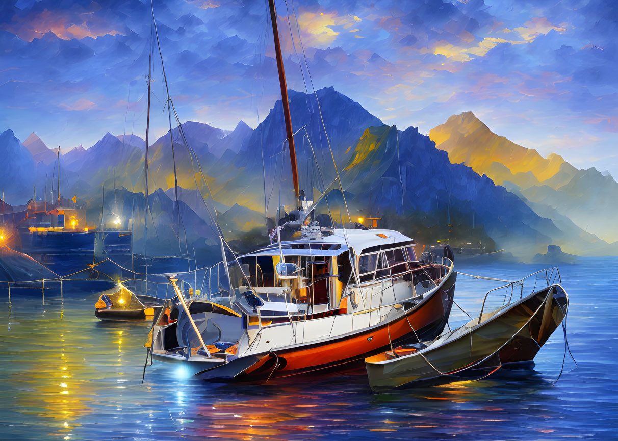 Twilight harbor scene with boats, vibrant sky, mountains, and lit buildings