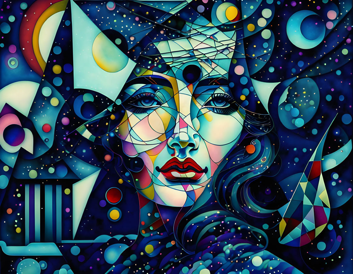 Colorful surreal painting of woman's face with cosmic elements