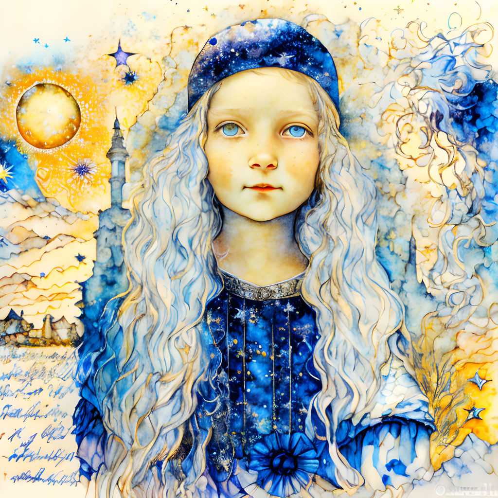 Colorful illustration of girl with starry blue hair in cosmic attire, surrounded by celestial motifs and Eastern