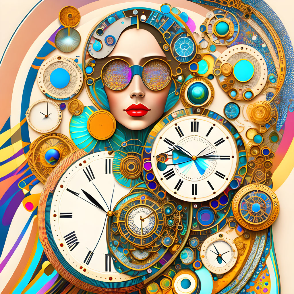 Colorful Steampunk Woman with Clockwork Design and Reflective Sunglasses