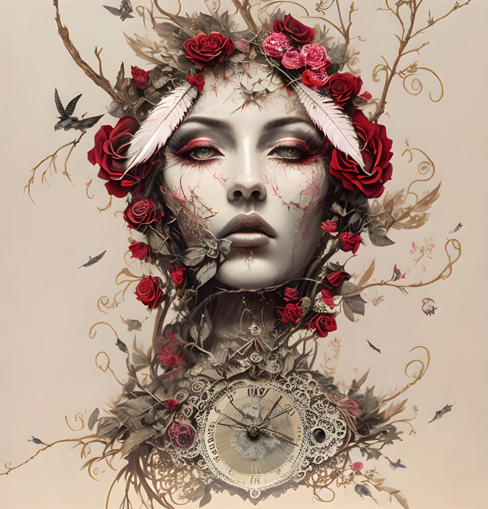 Surreal portrait of woman with floral and avian motifs and clock