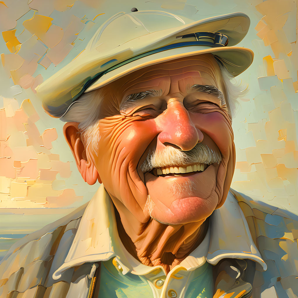 Elderly man with warm smile and twinkling eyes in golden light wearing a hat