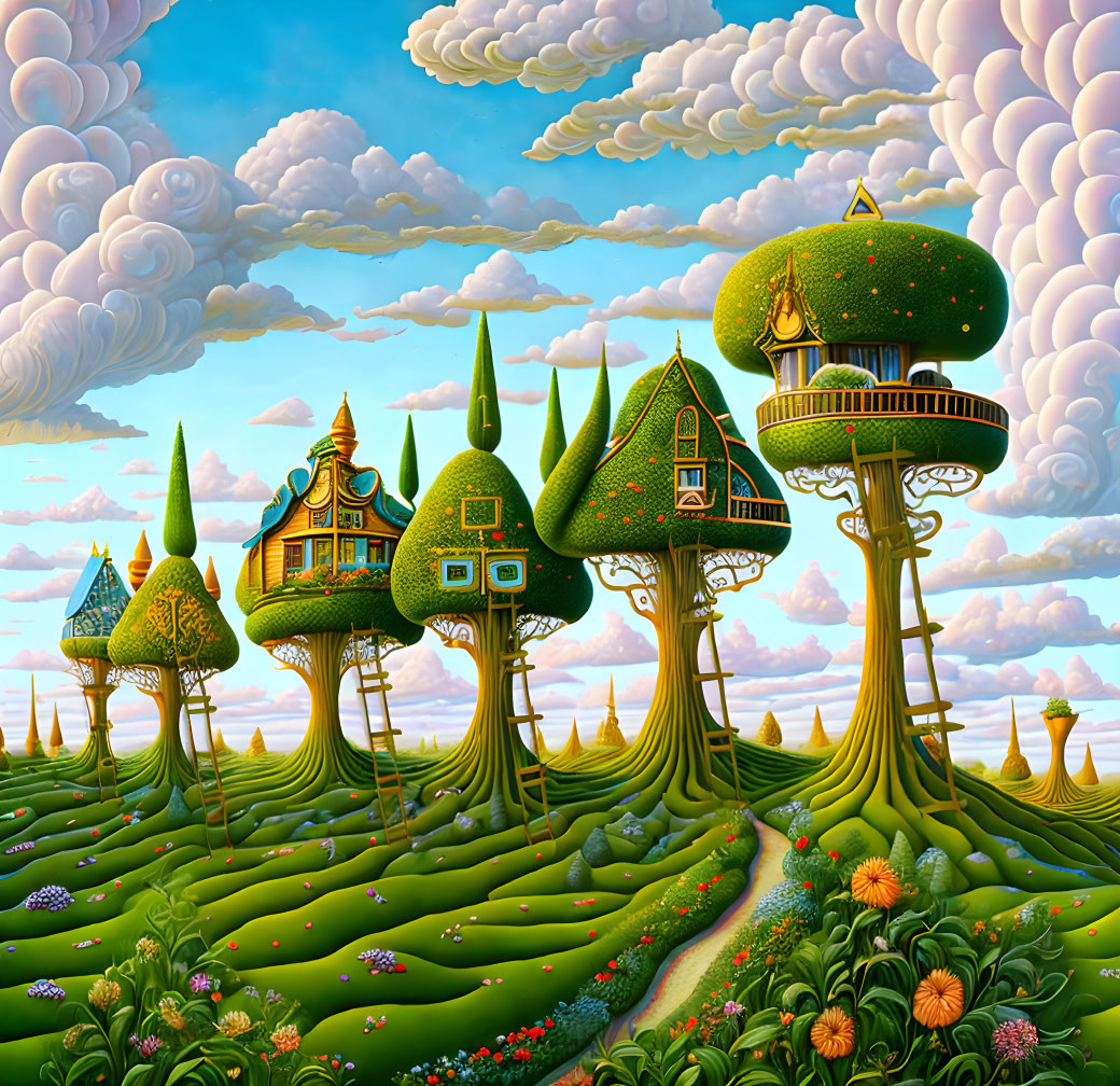 Vibrant green hills and whimsical mushroom-like trees in a fantasy landscape