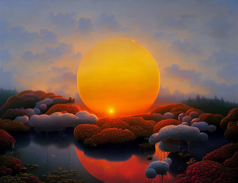 Surreal landscape painting with oversized red and white trees under a glowing orange sun.