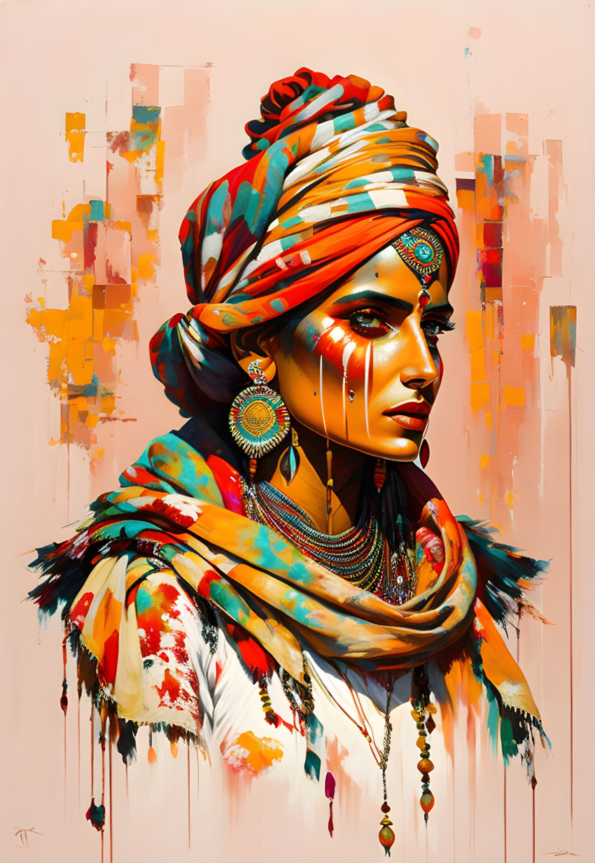 Colorful painting of woman with turban, scarf, and ethnic jewelry in rich warm tones