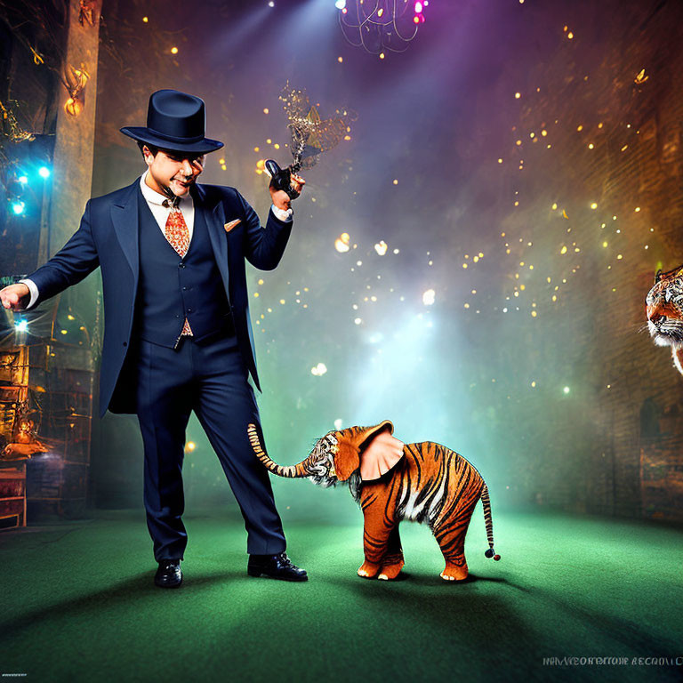 Magician in stylish suit with miniature elephant and tiger in vintage circus setting