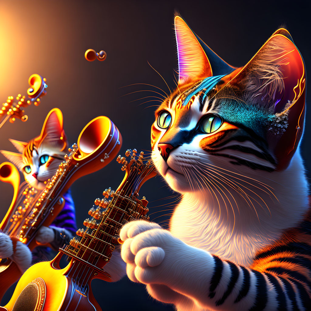 Animated cats playing musical instruments in dark background