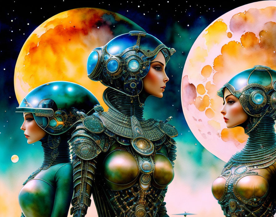 Futuristic female figures in mechanical suits with celestial orbs.