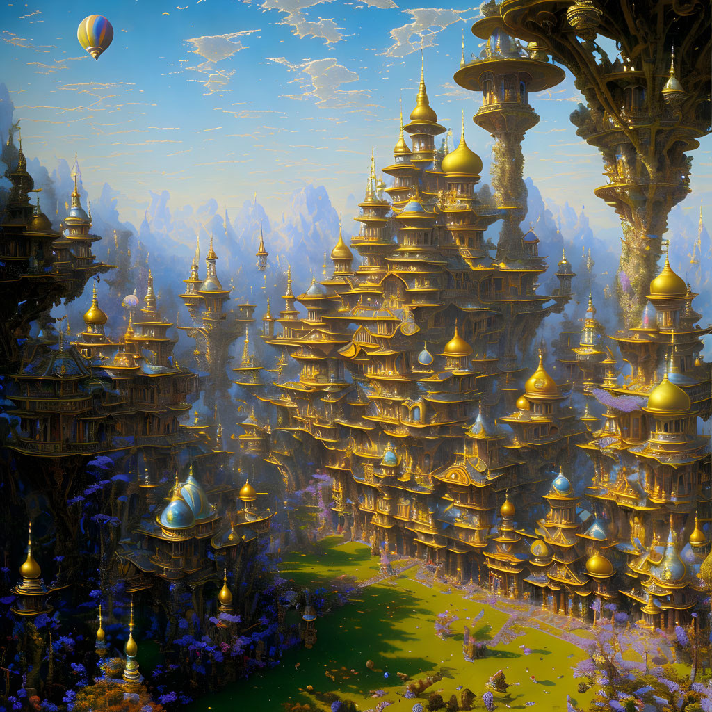 Fantastical landscape with golden towers and hot air balloon in vibrant sky