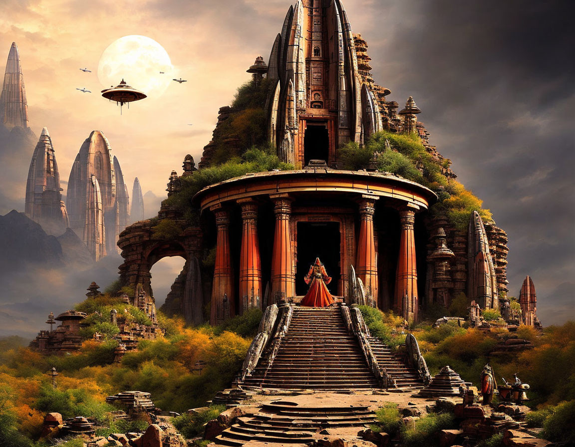 Fantasy temple on hill with person, mountains, futuristic buildings, alien planet