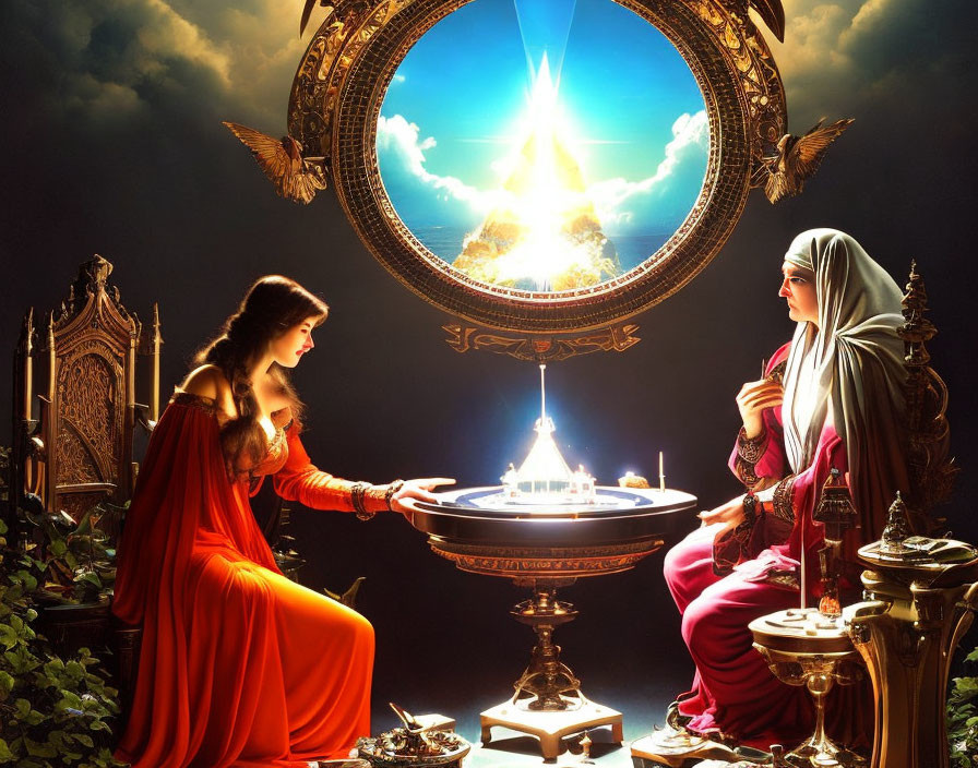 Women in traditional attire beside glowing bowl under celestial portal with angels.