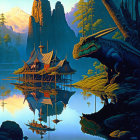 Giant dinosaur-like creature near ornate stilt buildings by reflective lake