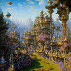 Fantastical landscape with golden towers and hot air balloon in vibrant sky