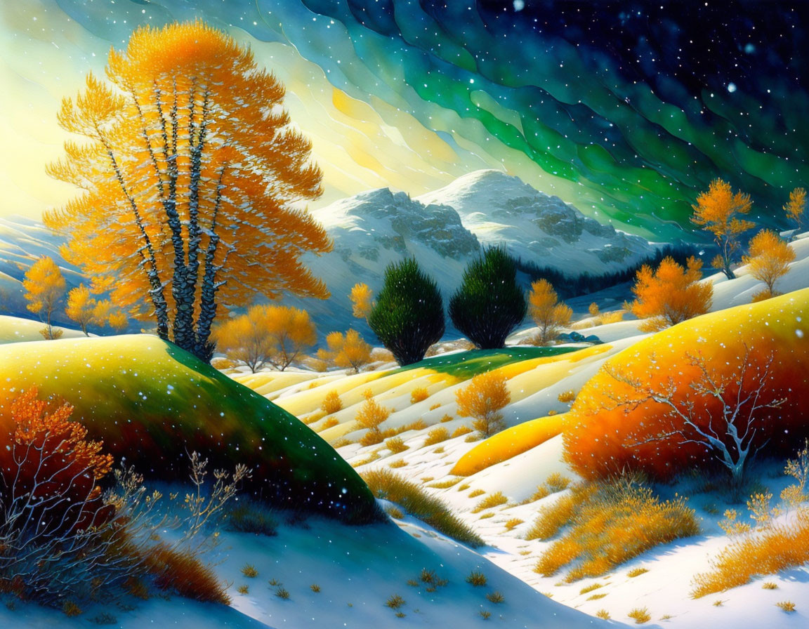 Snow-covered hills, autumn trees, starry sky, and snow-capped mountains in vibrant landscape