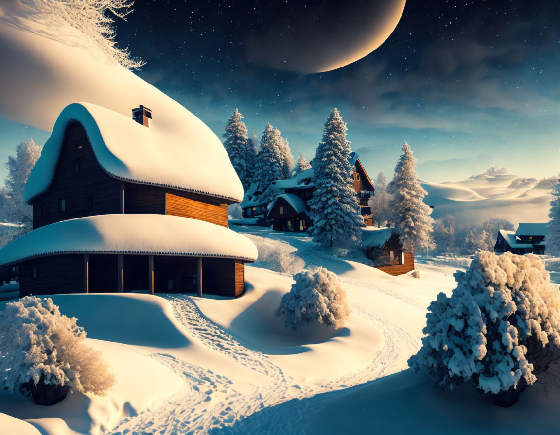 Snow-covered cabins and moonlit winter night scene.