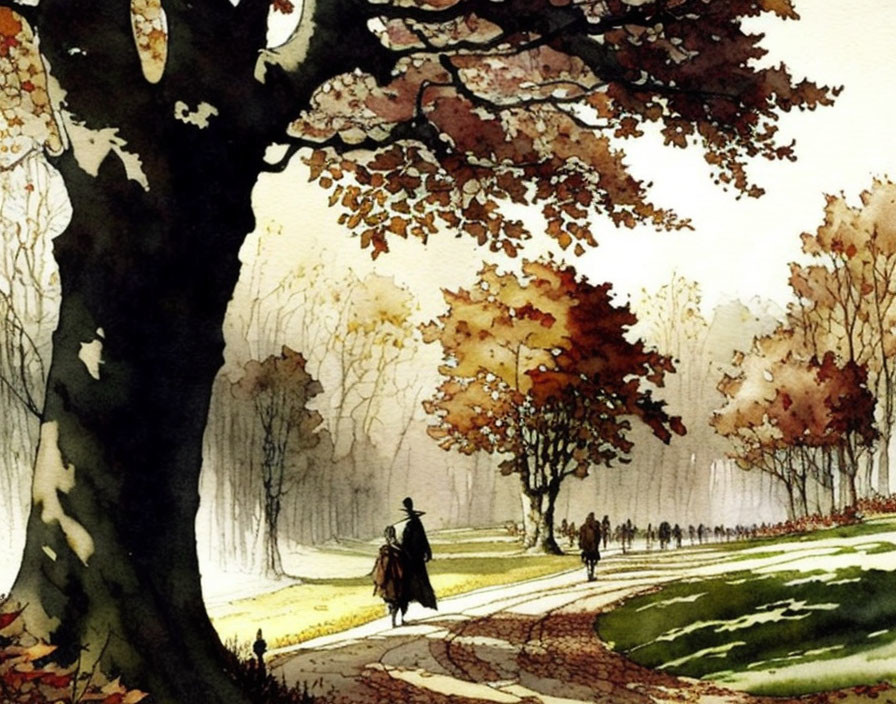 Autumn trees watercolor painting with person walking