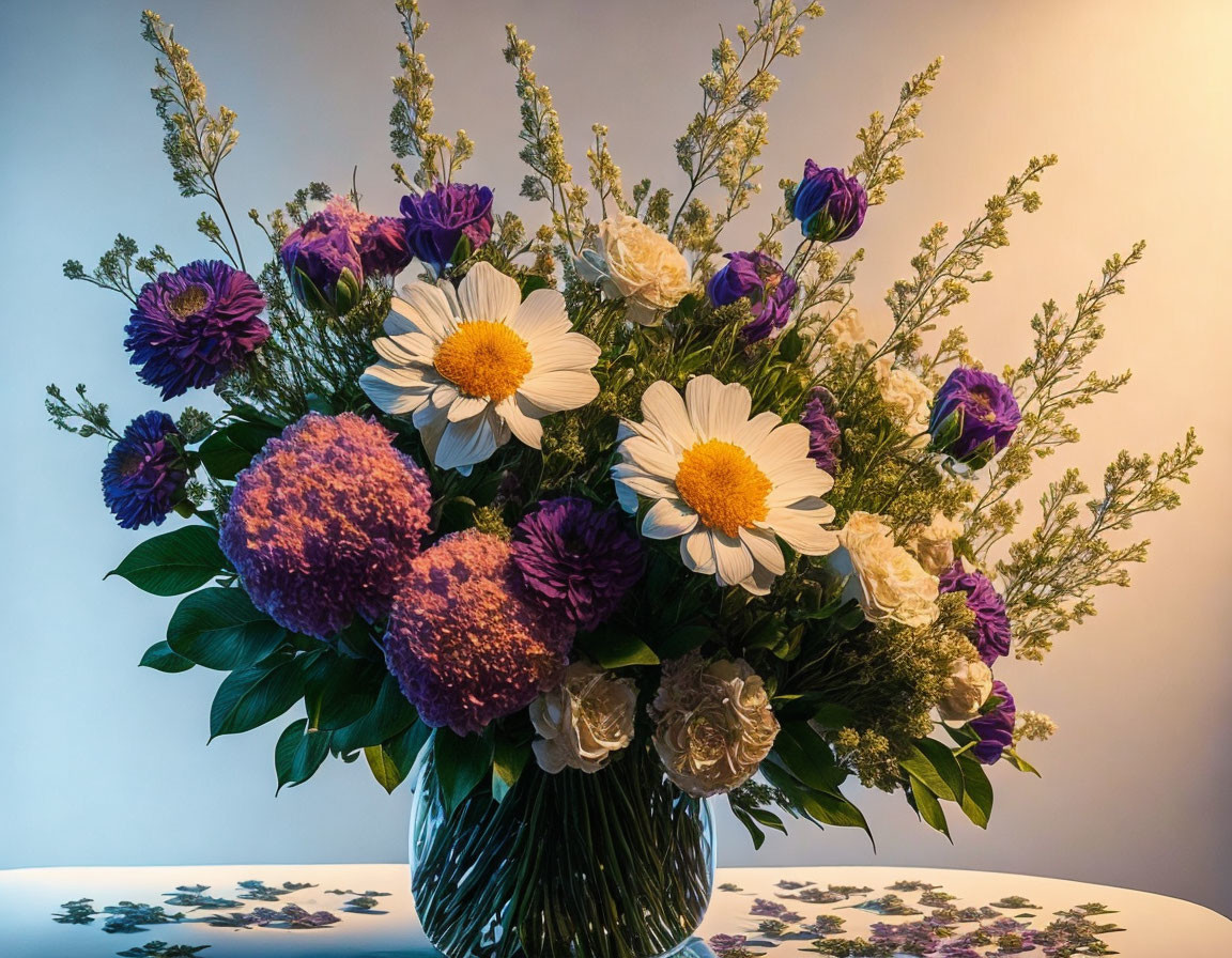 Colorful Flower Bouquet in Vase with Purple, White, and Yellow Flowers