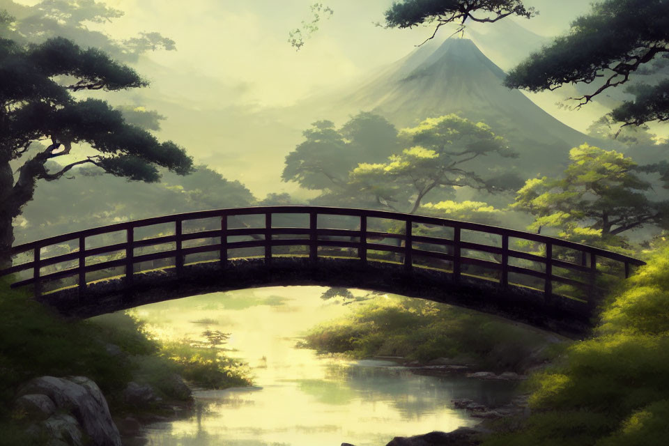 Tranquil landscape with wooden bridge over river