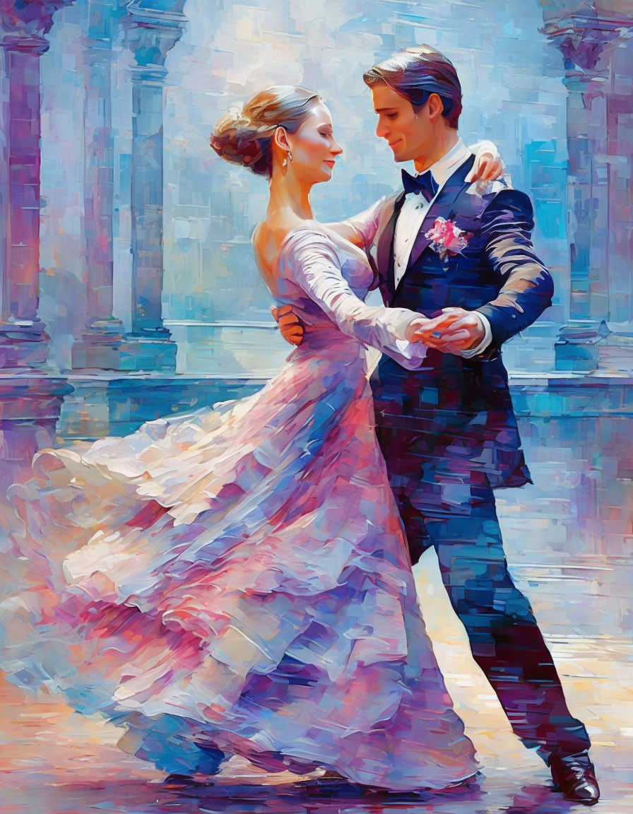 Romantic painting of couple dancing in flowing dress and suit