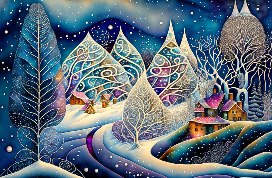 Colorful Winter Landscape Painting with Whimsical Trees & Snowy Village