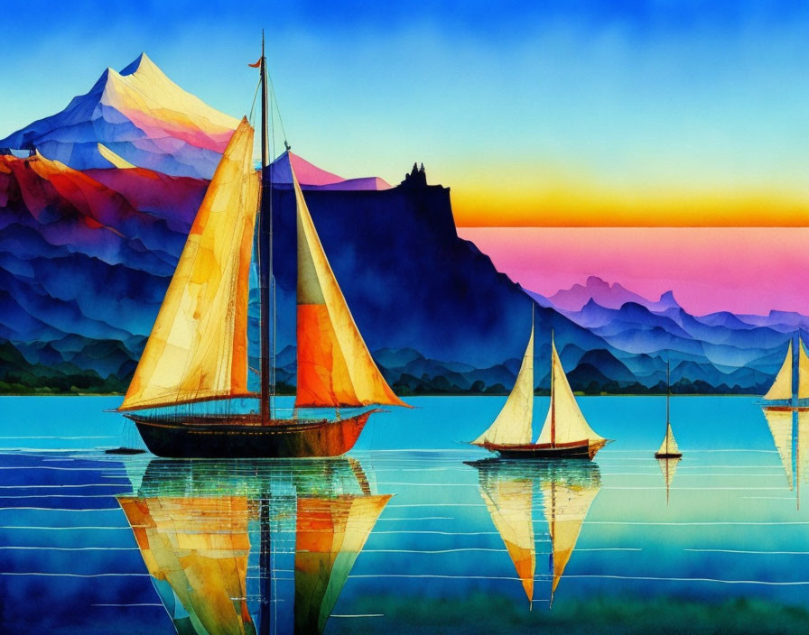 Sailboats watercolor painting: sunset, mountains, calm waters