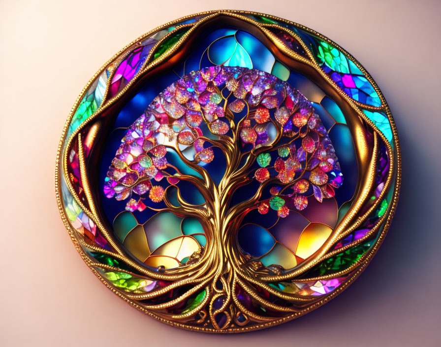 Colorful Tree Design in Circular Golden Frame on Warm Background