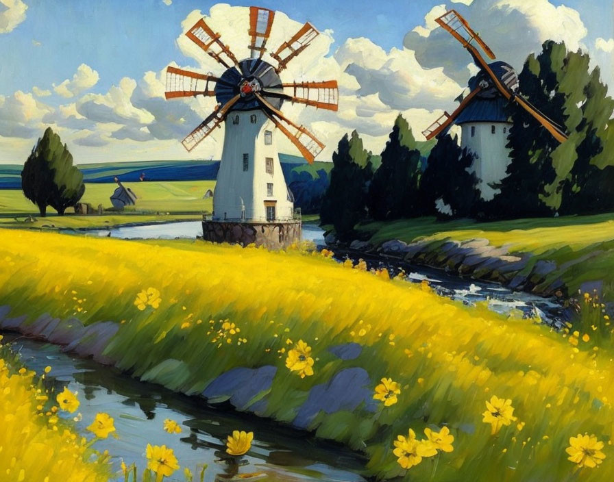 Traditional Windmills Amidst Yellow Wildflower Fields by Stream