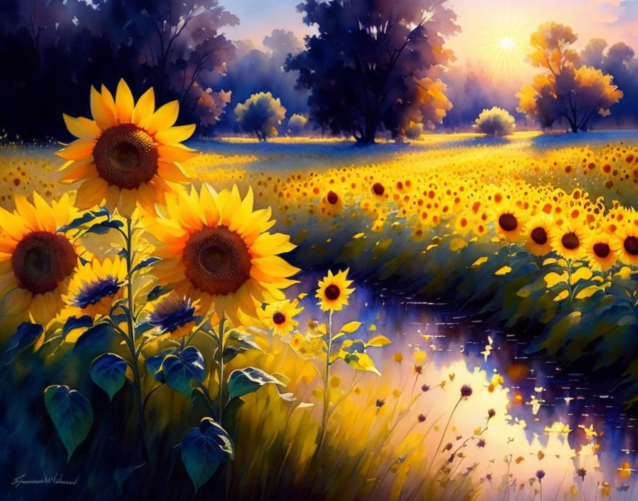 Sunflower Field Sunset Painting with Creek and Sunbeams