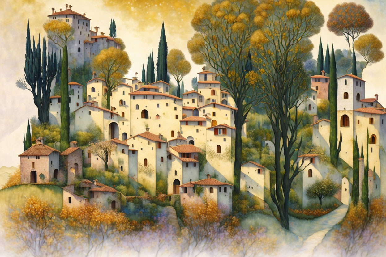 Whimsical hilltop village painting with cream houses, autumn trees, and castle