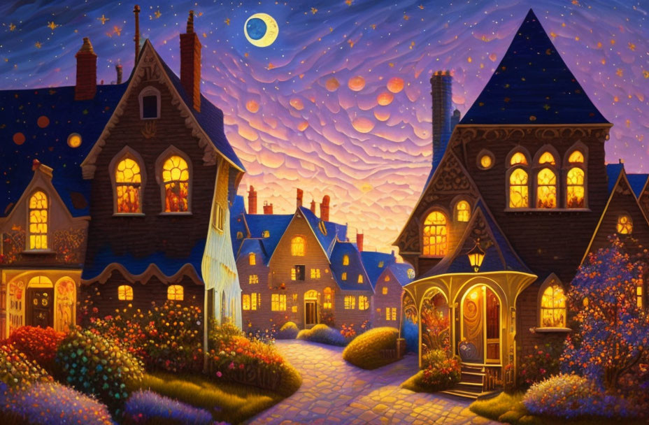 Whimsical painting of glowing storybook houses under twilight sky