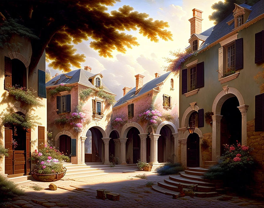 Tranquil cobblestone courtyard with flowering vines and quaint buildings