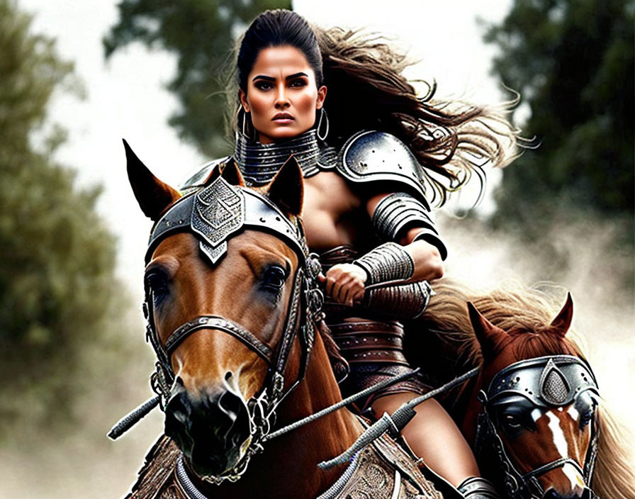 Armored warrior woman on horseback in intense pose against blurred background