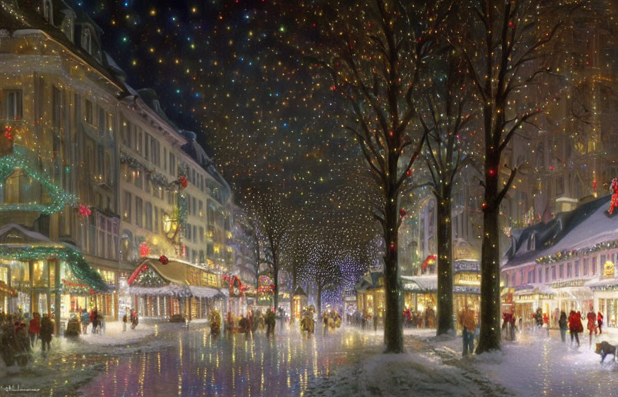 Snowy Christmas Street Scene with Illuminated Buildings and Trees