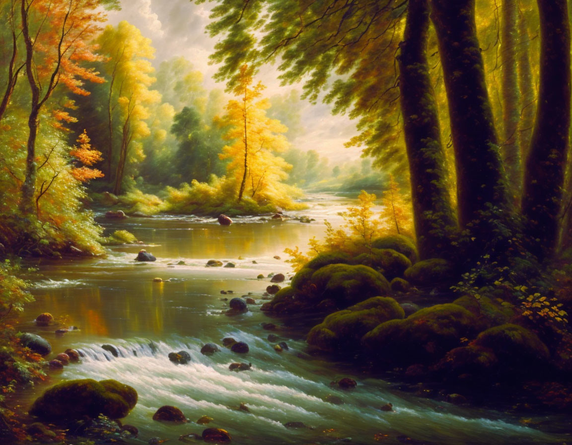 Tranquil forest landscape with stream and autumn trees