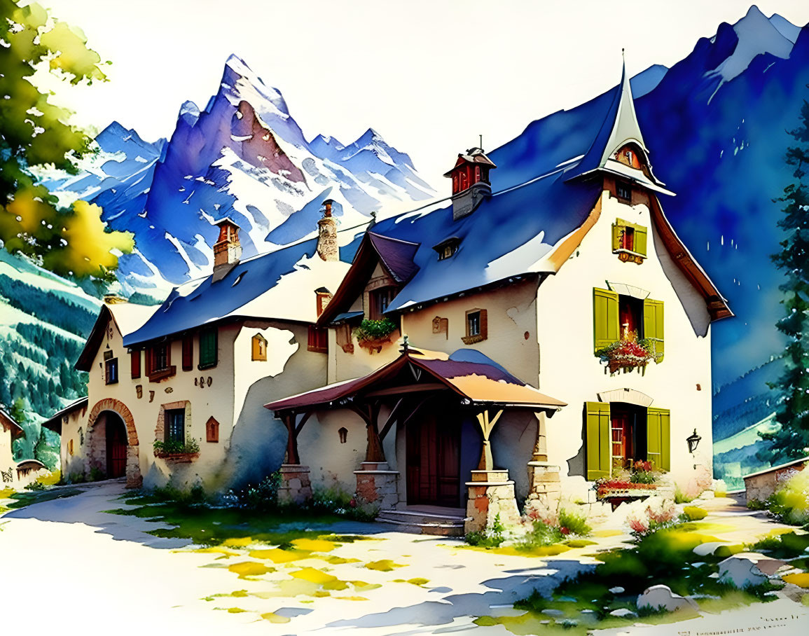 European-style house with colorful flowers, snow-capped mountains, and blue sky