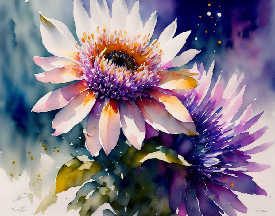 Vibrant Watercolor Painting of White and Purple Flowers on Textured Blue and Violet Background