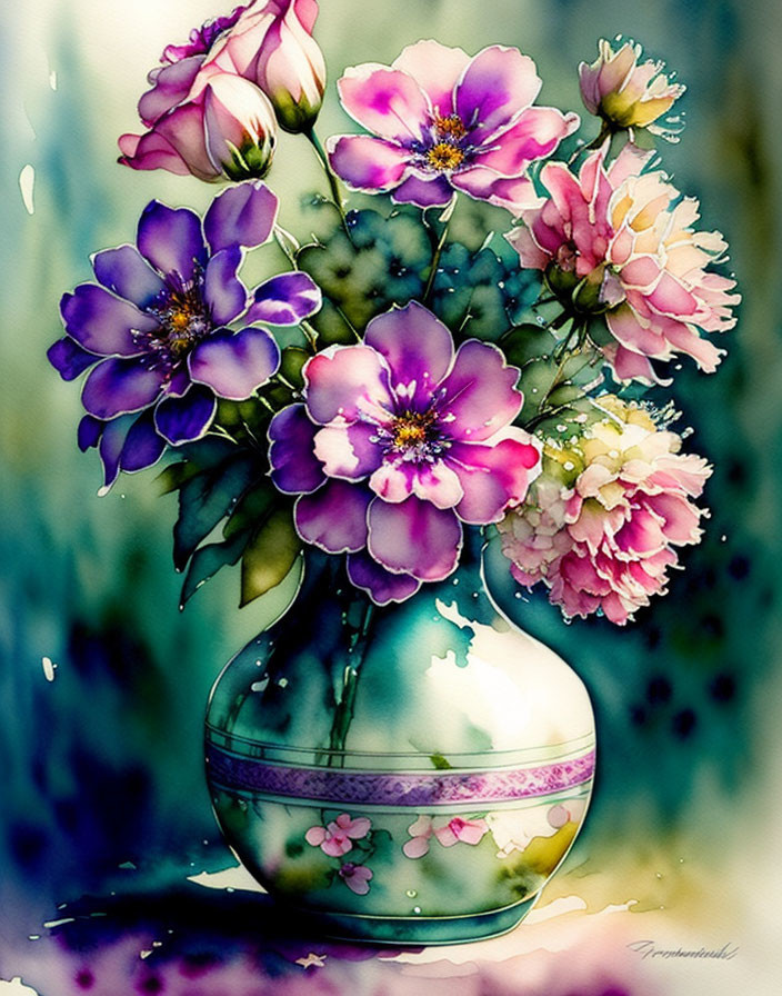 Colorful painting of purple and pink flowers in glass vase with blurred background