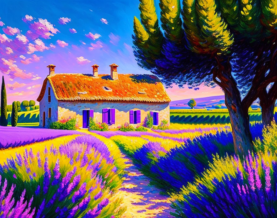 Vibrant painting of quaint house in lavender field at sunset