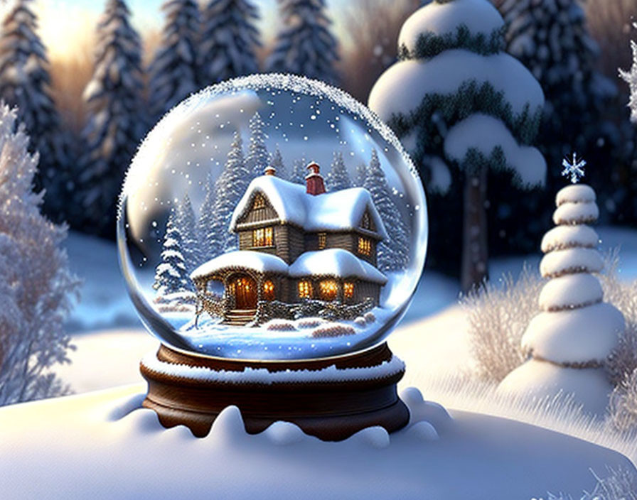 Snow globe with cozy winter scene: illuminated cottage, snowy trees, twilight sky