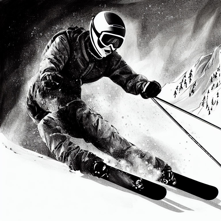 Monochrome skier illustration carving snow amid mountains