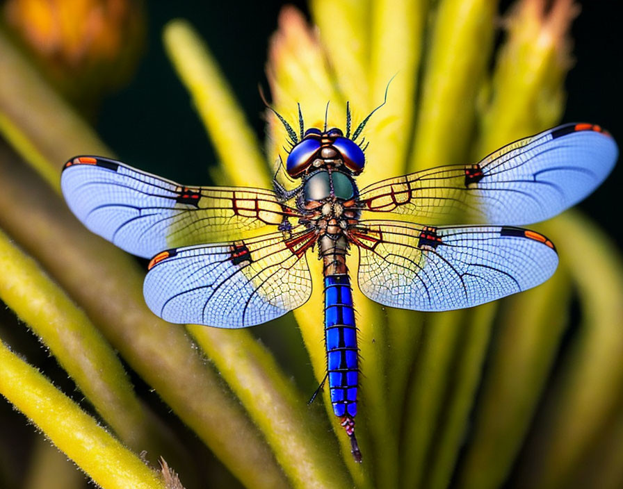 Blue Dragonfly with Intricate Wing Patterns on Green Plant Stems