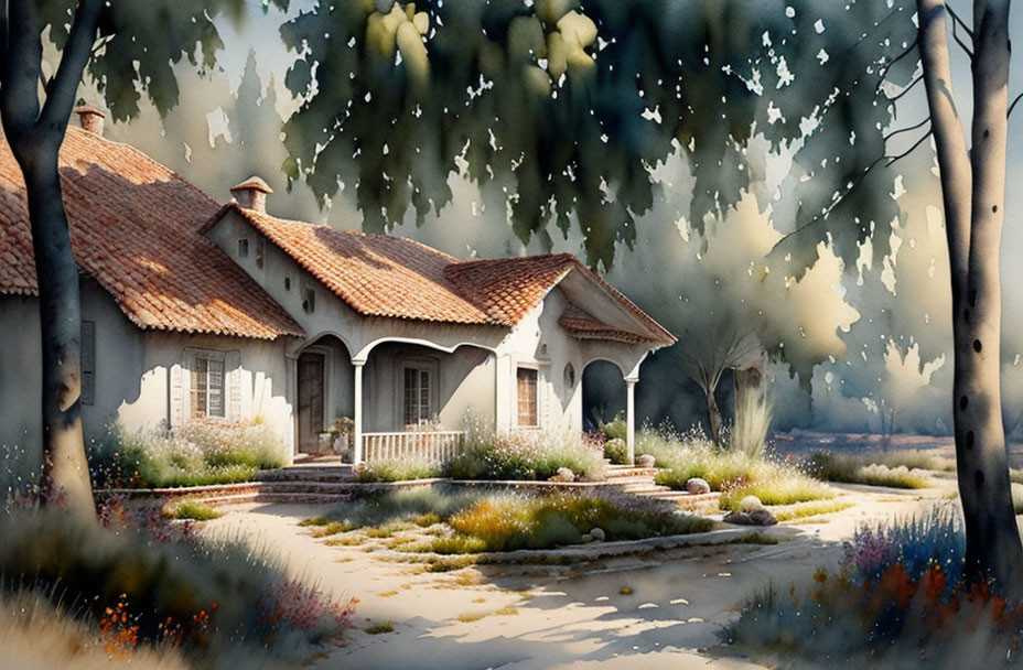 Tranquil watercolor: Cottage with red-tiled roof in lush garden