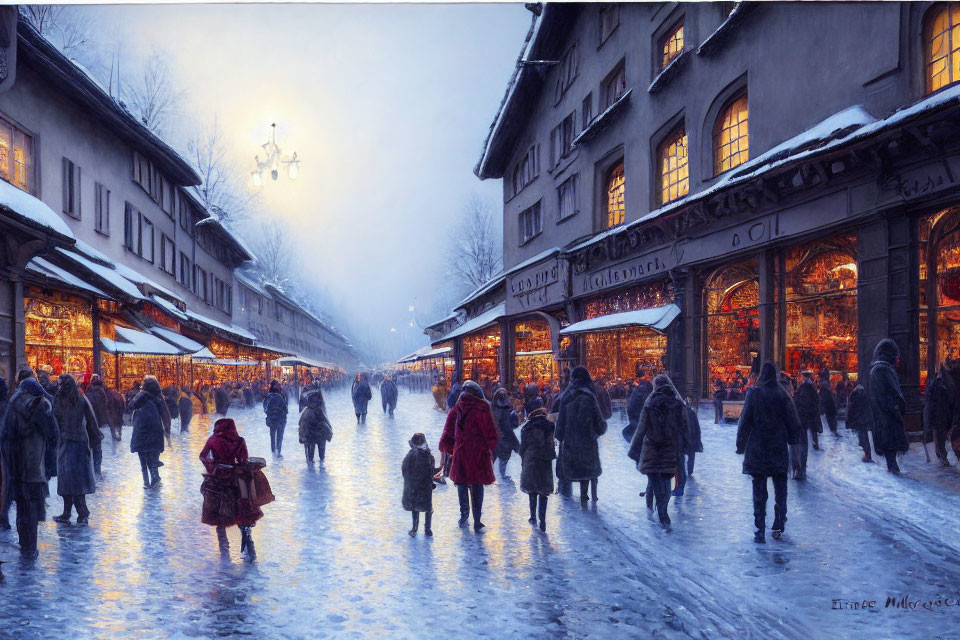 Snow-covered street at night with illuminated shops and people walking under a hazy sun.