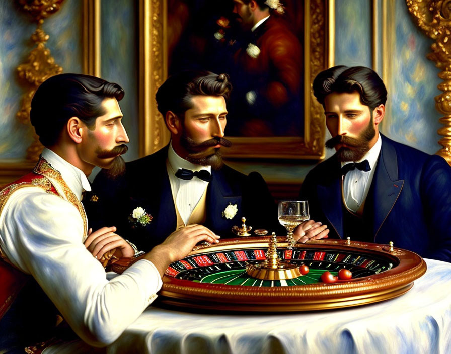 Elegantly dressed men with styled facial hair playing roulette in luxurious room