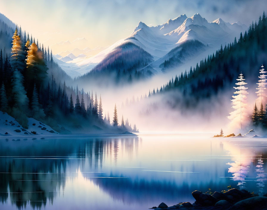 Tranquil misty lake landscape with forested mountains at dawn