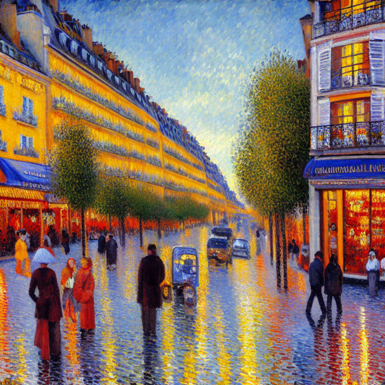 Vibrant impressionist city street scene at dusk