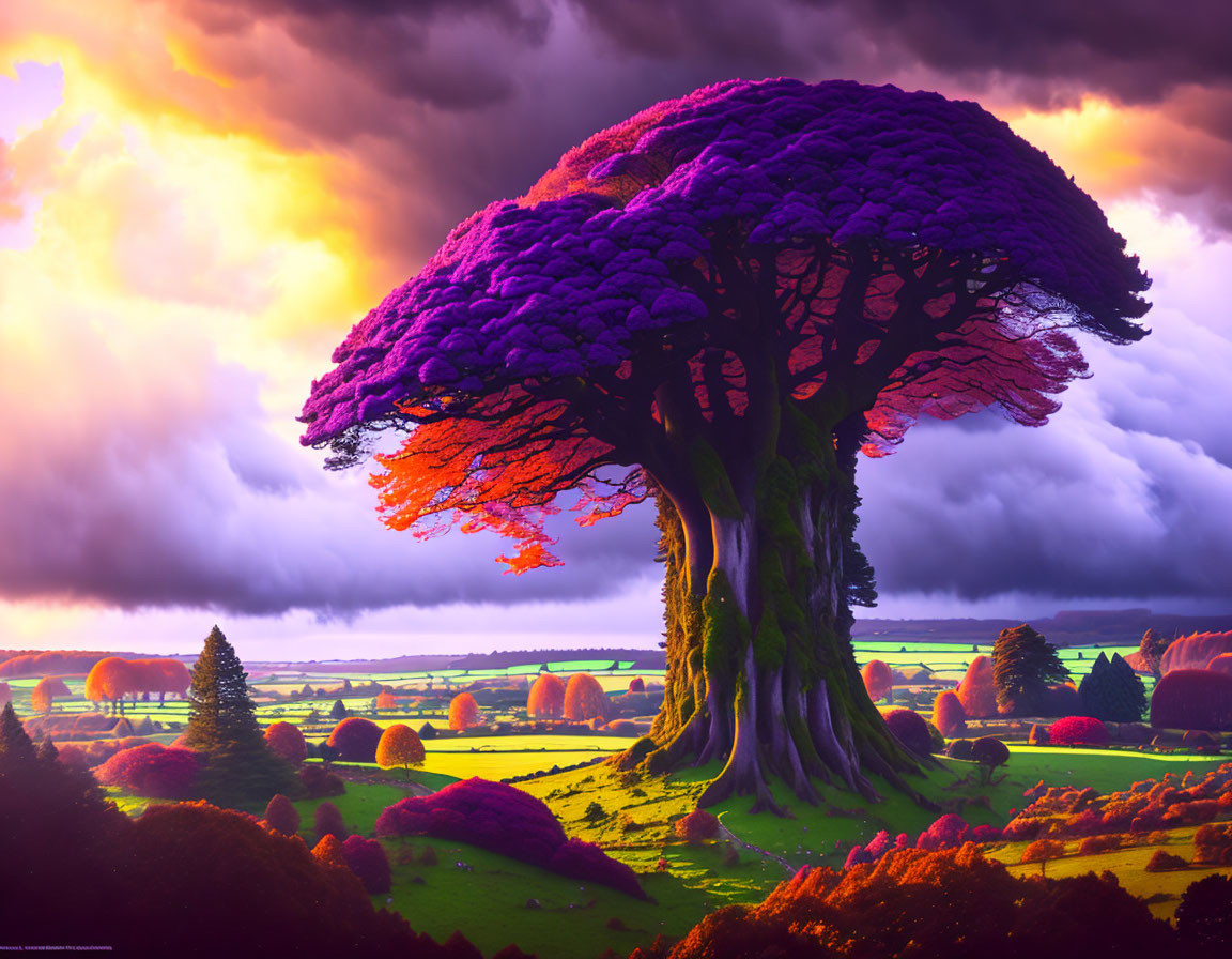 Colorful fantasy tree landscape under dramatic sunset sky