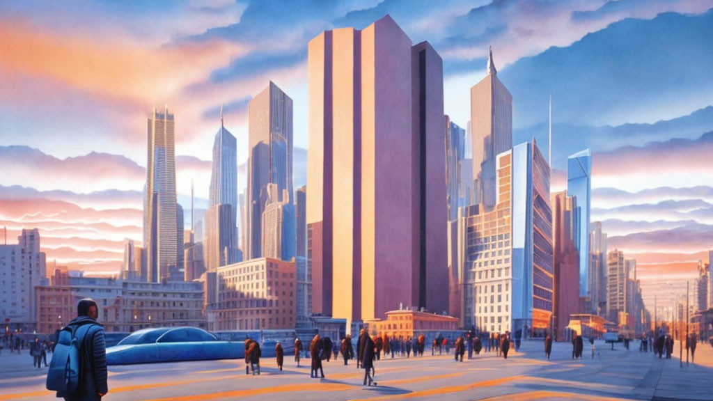 Futuristic cityscape at sunset with people and sleek blue vehicle on spacious plaza